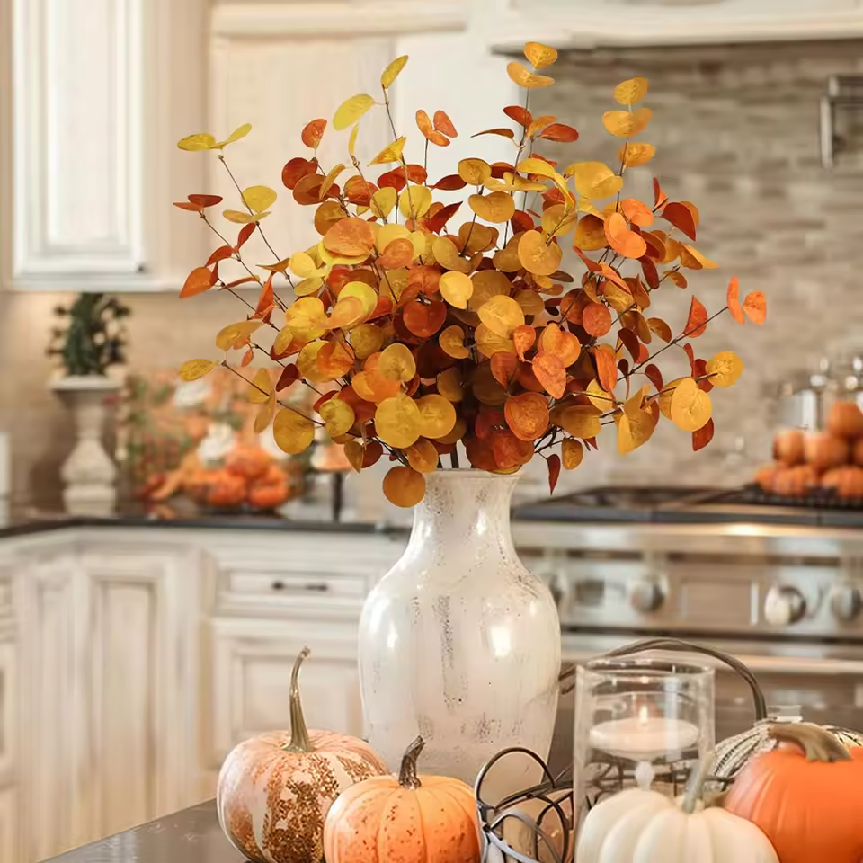 Artificial Fall Eucalyptus Branch Fake Olivers Plants Autumn Decorations for Home Table Room Floral Arrangements Festival Decor
